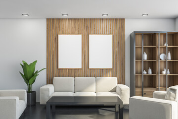 Two banners in the light living room with lining on the wall