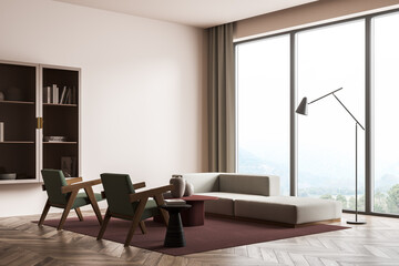 Modern living room interior with wooden floor and big window. Mock up empty wall. Concept of contemporary design.
