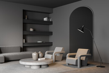 Dark grey living room with arch and niche bookshelf