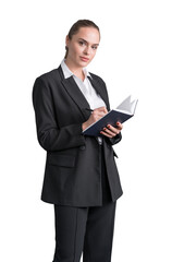 Thoughtful attractive business woman in formal suit is holding a planner, notebook and taking notes. Businesswoman Isolated over white background