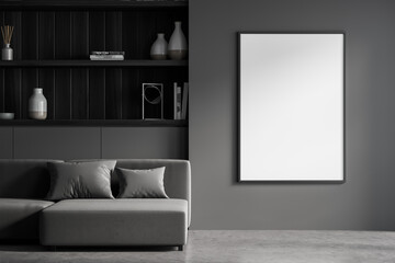 Banner in the dark grey living room with sofa and shelves