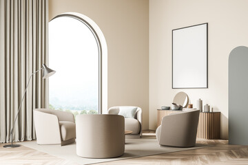 Banner in the beige living room with arch window and four armchairs