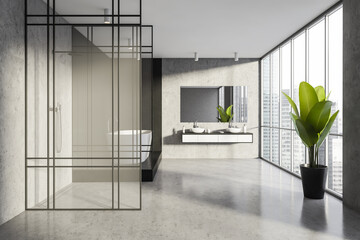 Panoramic black and grey bathroom with glass partitions