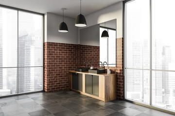 3d panoramic bathroom with corner brick wall detail