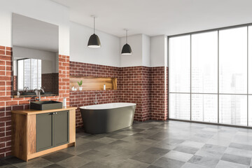 Panoramic bathroom with red brick walls and dark grey details. Corner view