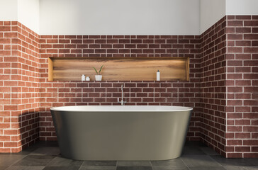 Close-up view with bathtub, brick wall and decorative niche of 3d bathroom - obrazy, fototapety, plakaty