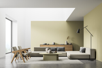 Mock up empty copy space wall. Modern living room interior. Stone floor and stylish furniture. Concept of contemporary design.