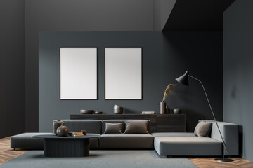 Mock up empty posters on the wall. Modern living room interior. Wooden floor and stylish furniture. Concept of contemporary design.