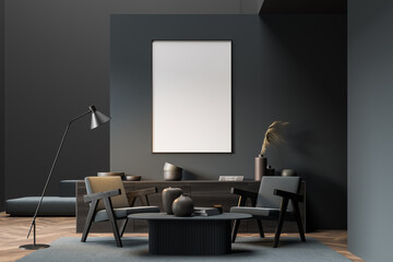 Mock up empty posters on the wall. Modern living room interior. Wooden floor and stylish furniture. Concept of contemporary design.