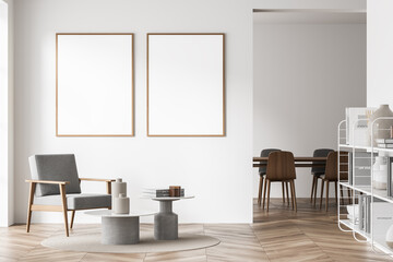 Two Mock up empty posters on the wall. Modern living room interior. Wooden floor and stylish furniture. Concept of contemporary design.