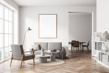 Fototapeta Mock up empty posters on the wall. Modern living room interior. Wooden floor and stylish furniture. Concept of contemporary design. obraz