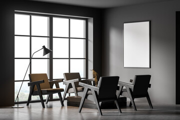 Mock up empty poster on the wall. Modern living room interior. Stone floor and stylish furniture. Concept of contemporary design.