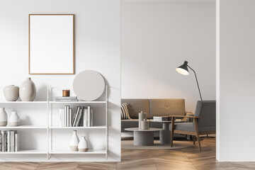 Mock up empty poster on the wall. Modern living room interior. Wooden floor and stylish furniture. Concept of contemporary design.