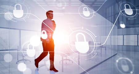 Silhouette of walking beard businessman in office open space. Holds his jacket on shoulder. White glowing information protection padlock icons. Concept of cyber security and data storage