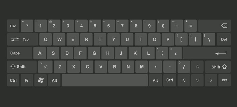Keyboard with black and dark gray keys, and all symbols, letters of the alphabet and numbers to type -  International design for a keypad