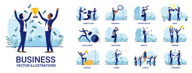 Business people illustration collection - Set of business concepts with activities like competition, research, ideas, profits and more. Vector format with white background