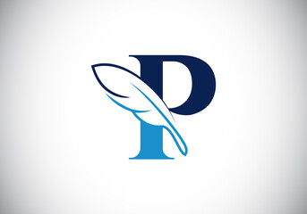 Initial P monogram alphabet with a feather. Font emblem. Law firm icon sign symbol. Modern vector Logo for a writer or publishers business and company identity