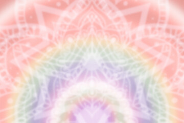 Ornate white mandala decorations on pastel retro, peach rainbow aura, energy field - grainy, high resolution gradient background