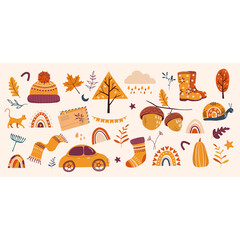 Hand drawn vector autumn elements. Autumn greeting card. Illustration of scarf, boots, woolen hat, trees, leaves, raining cloud, car, rainbow, acorns, plant elements