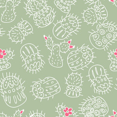 Seamless pattern of white outlines of cacti with bright flowers. Perfect for fabric, scrapbooking, textile and prints. Doodle style vector illustration for decor and design.

