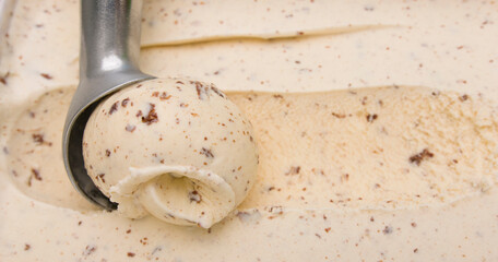 Close up detail - Scooping ice cream Chocolate Chip meat, Top view Food concept, Blank for design..