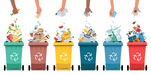 Garbage segregation. Waste separate, classification and recycling concept. Colored dustbin or trash cans for each type - organic, metal, paper, plastic, glass, e-waste and other. - 447012208