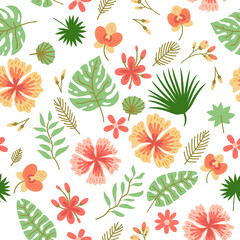 Naadloze bloemmotief met schattige tropische bloem elementen, vector design. Tropische vector achtergrond met exotische bloemen, palmbladeren, jungle blad. Botanische behangillustratie
