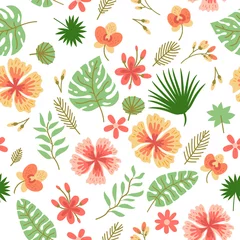 Keuken foto achterwand Tropische planten Naadloze bloemmotief met schattige tropische bloem elementen, vector design. Tropische vector achtergrond met exotische bloemen, palmbladeren, jungle blad. Botanische behangillustratie