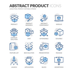 Simple Set of Abstract Product Related Vector Line Icons.  Contains such Icons as Product Research, Module, Application and more. Editable Stroke. 64x64 Pixel Perfect.