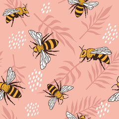 Vector seamless pattern with bees and leaves.
