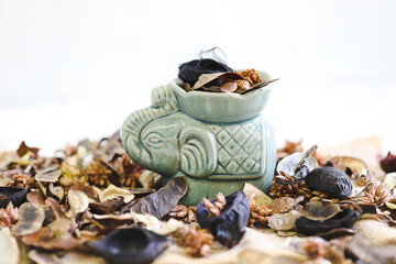 Small green ceramic elephant surrounded by dired flowers and leaves