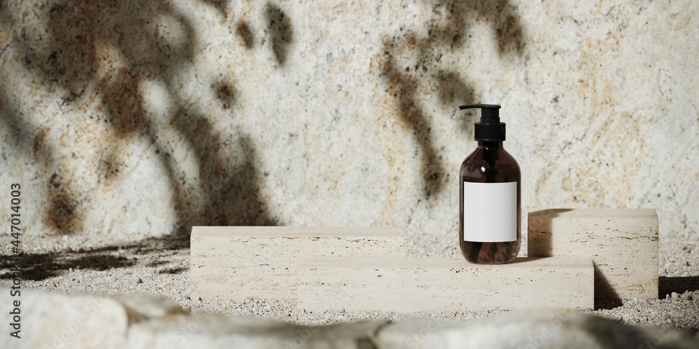 Poster summer mockup concept for product presentation. travertine podium and pebble on stone background. cl