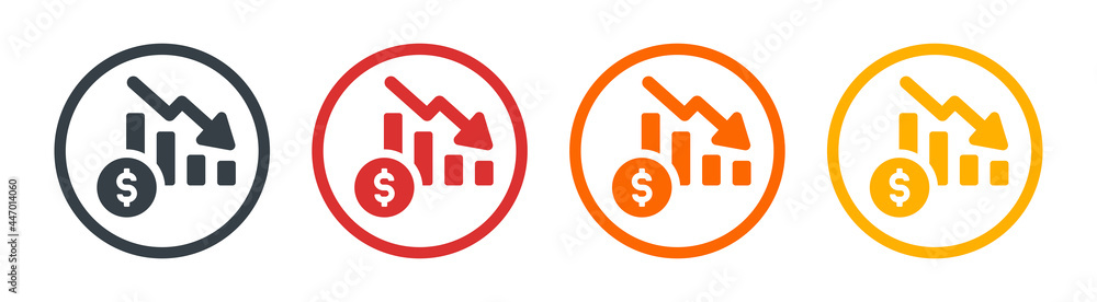 Poster Financial crisis icon vector. Decreasing graph with dollar symbol on button sign.