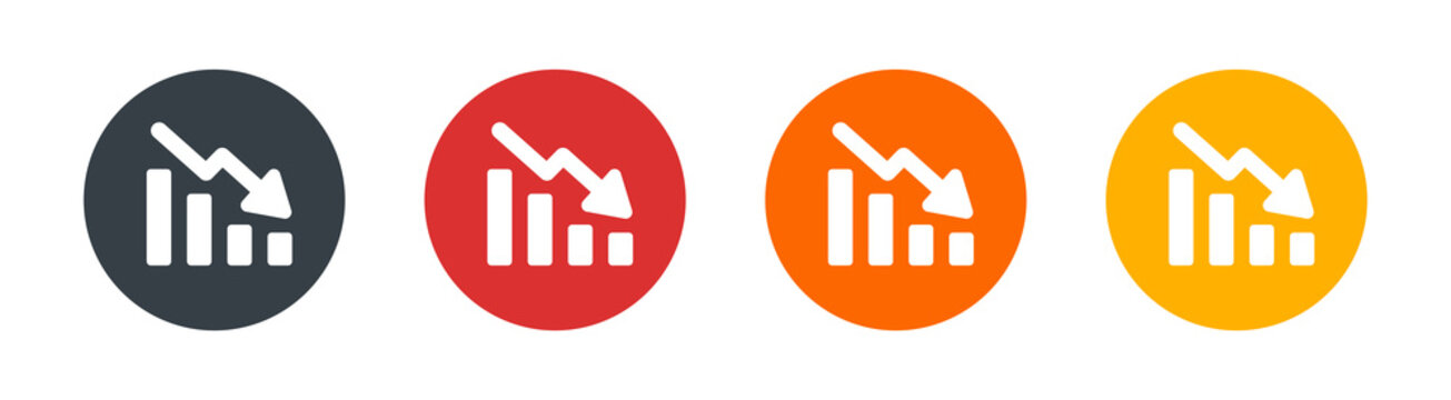 Graph with down arrow icon on circle sign. Decreasing chart vector concept.