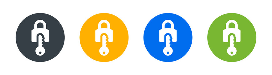 Unlock icon set. Containing key with padlock icon vector in circle design.