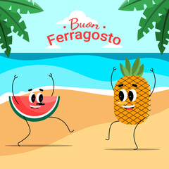 buon ferragosto illustration flat design watermelon and pineapple cartoon