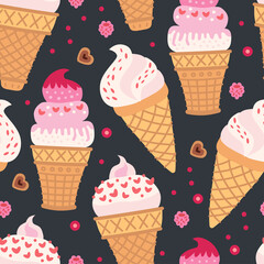 Cartoon seamless pattern with ice cream in waffle cones. Summer vector background. 