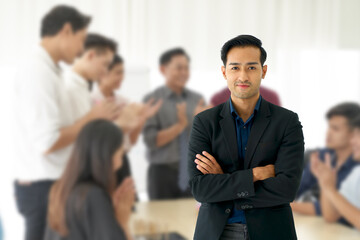 Fototapeta premium Businessman leader confident smile portrait in meeting seminar team