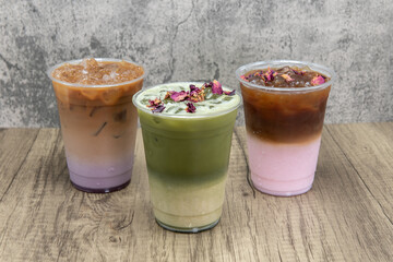 Matcha taro milk tea cold beverage and other choices of cold boba drinks to choose from