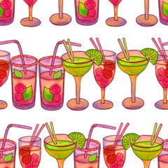 Seamless pattern with cocktails. Classic tropical cocktails. Mixed non-alcoholicdrink with straws and fruit. The illustration is drawn in watercolor by hand.