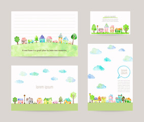 Fototapeta premium Set of cute vector house illustrations, templates for card, business card