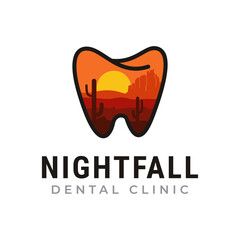 nightfall dental clinic logo,   teeth with rock canyon scene vector