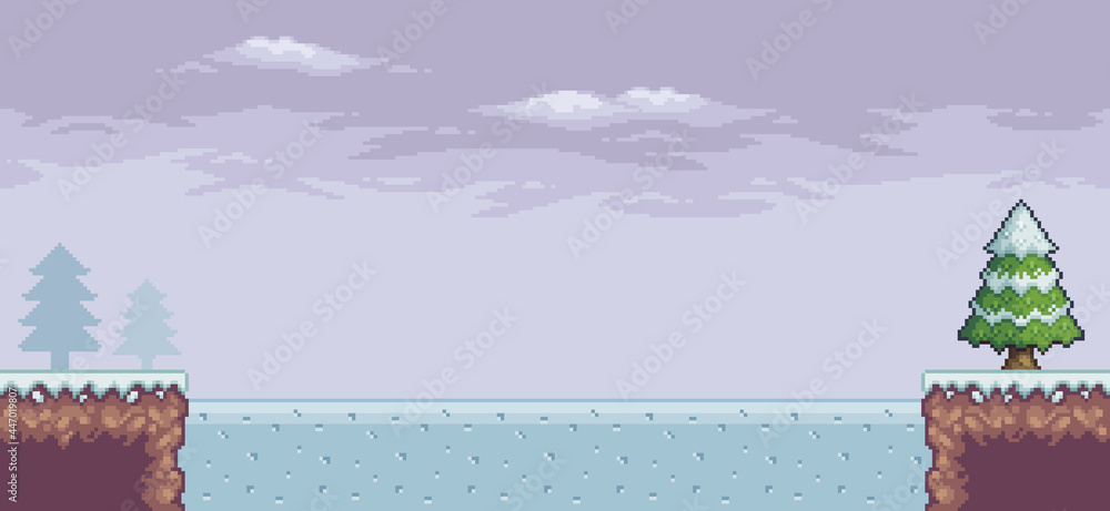Poster pixel art game scene in snow with pine trees, frozen lake, clouds 8bit background