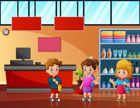 Cartoon three of children in the supermarket illustration