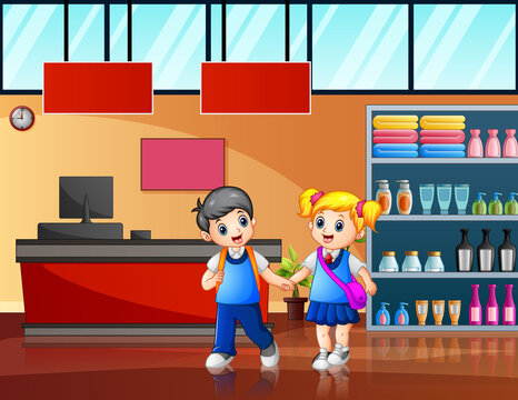 Cartoon of school children in the supermarket illustration