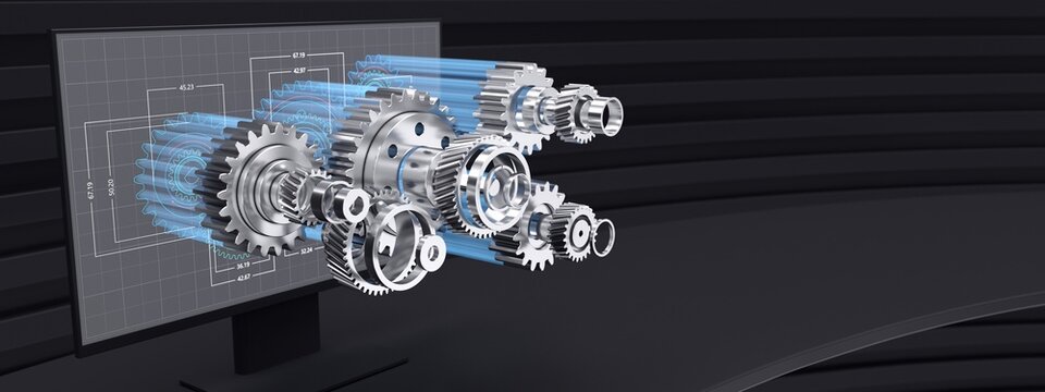 Gear mechanism digital design in office. Black version.