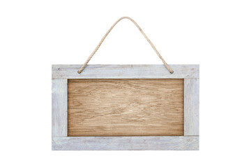 empty wooden sign frame with lope for hang on white background with clipping path