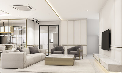 interior design modern classic style of living area with white marble and gold texture and white furniture set 3d rendering interior