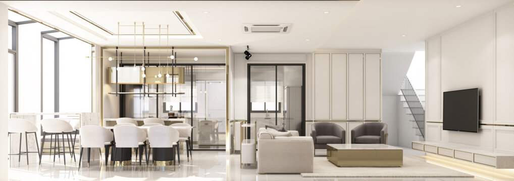 interior design modern classic style of living and dining area with white marble and gold texture and white furniture built-in 3d rendering interior panorama