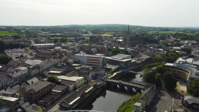 Aerial video of Bridges over river Omagh Co Tyrone Northern Ireland 